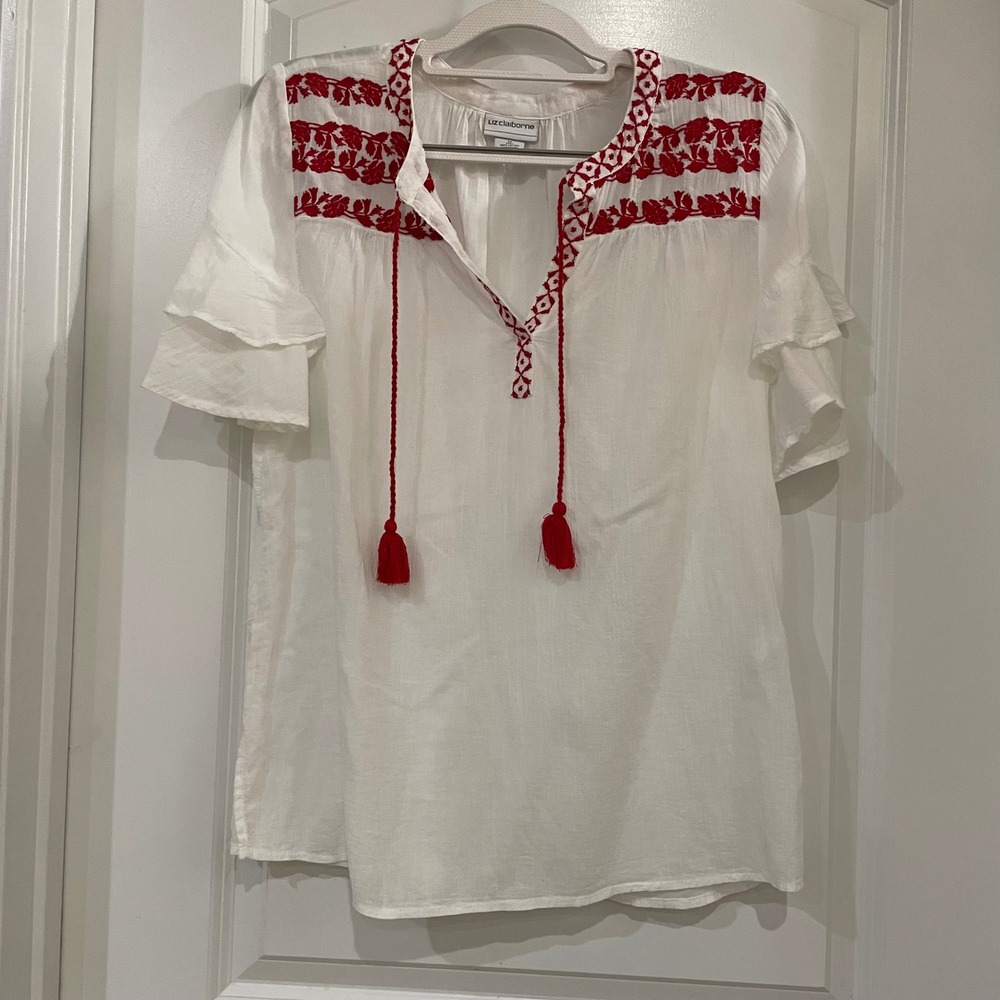 Liz Claiborne White Embroidered Tassel Tunic Top Blouse M
